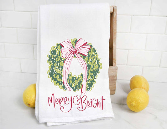 Merry and Bright Holiday Wreath Tea Towel