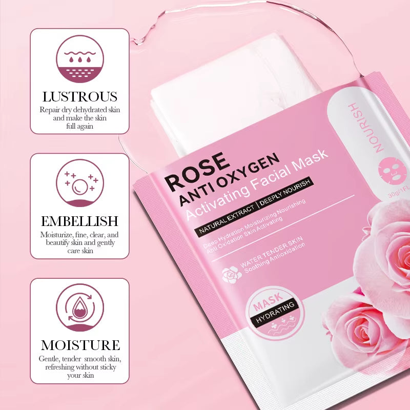 12Pc Rose Flower Extract Face Mask Korean Whitening Sheet Mask Moisturizing Mask Nourishing Skincare Facial Korean Fresh Product
