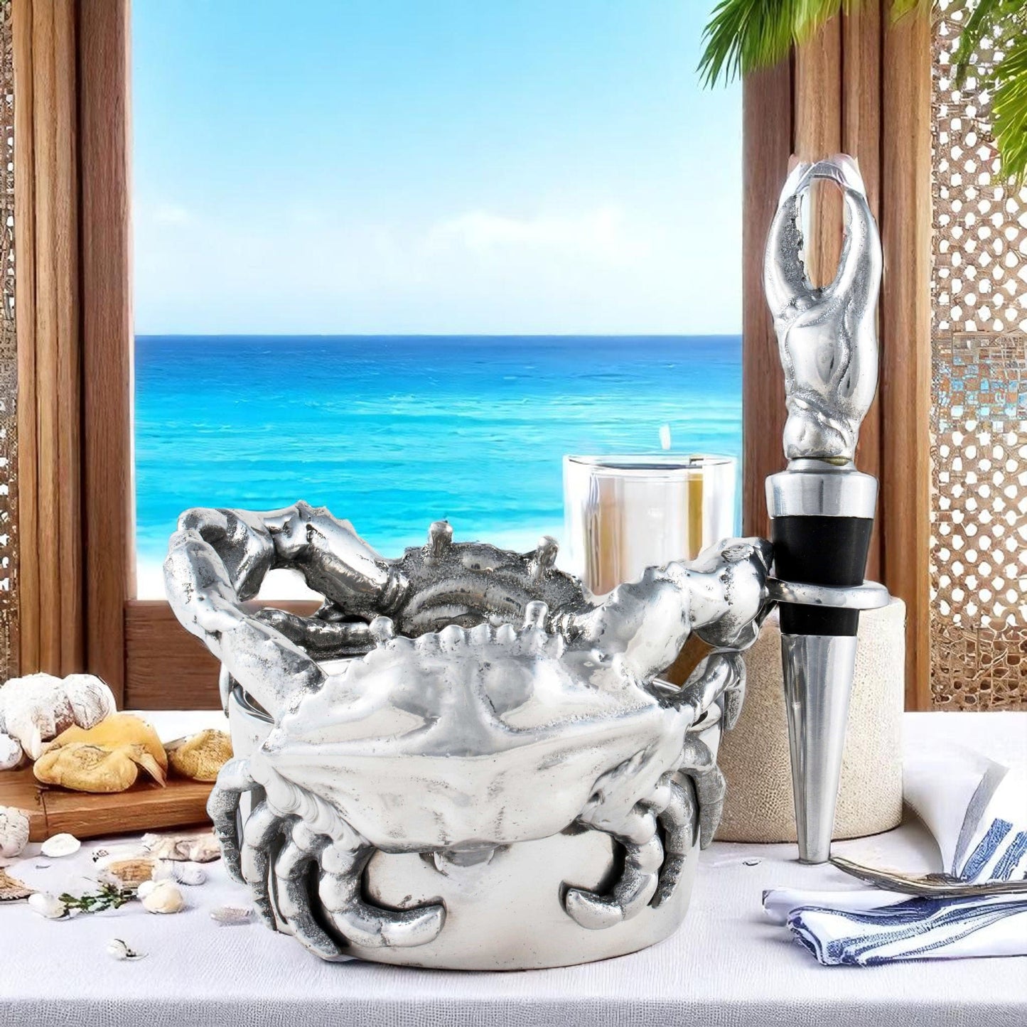 Crab Wine Caddy and Stopper Set