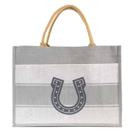 Horseshoe Jute Pocket Tote   Gray/White   19x14x7.5