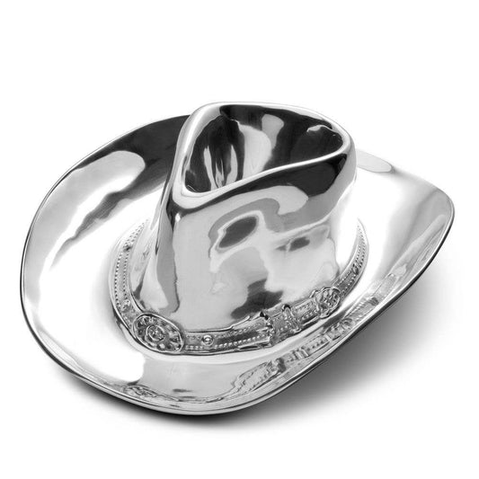 Silver cowboy hat-shaped dish on a white background