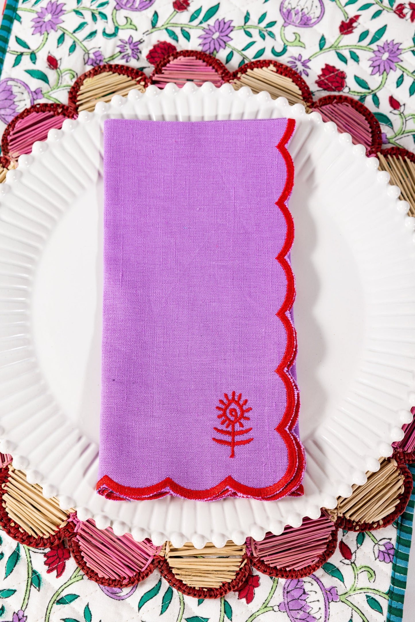 Embroidered - Icon Linen Napkins S/4 - Lilac + Cherry