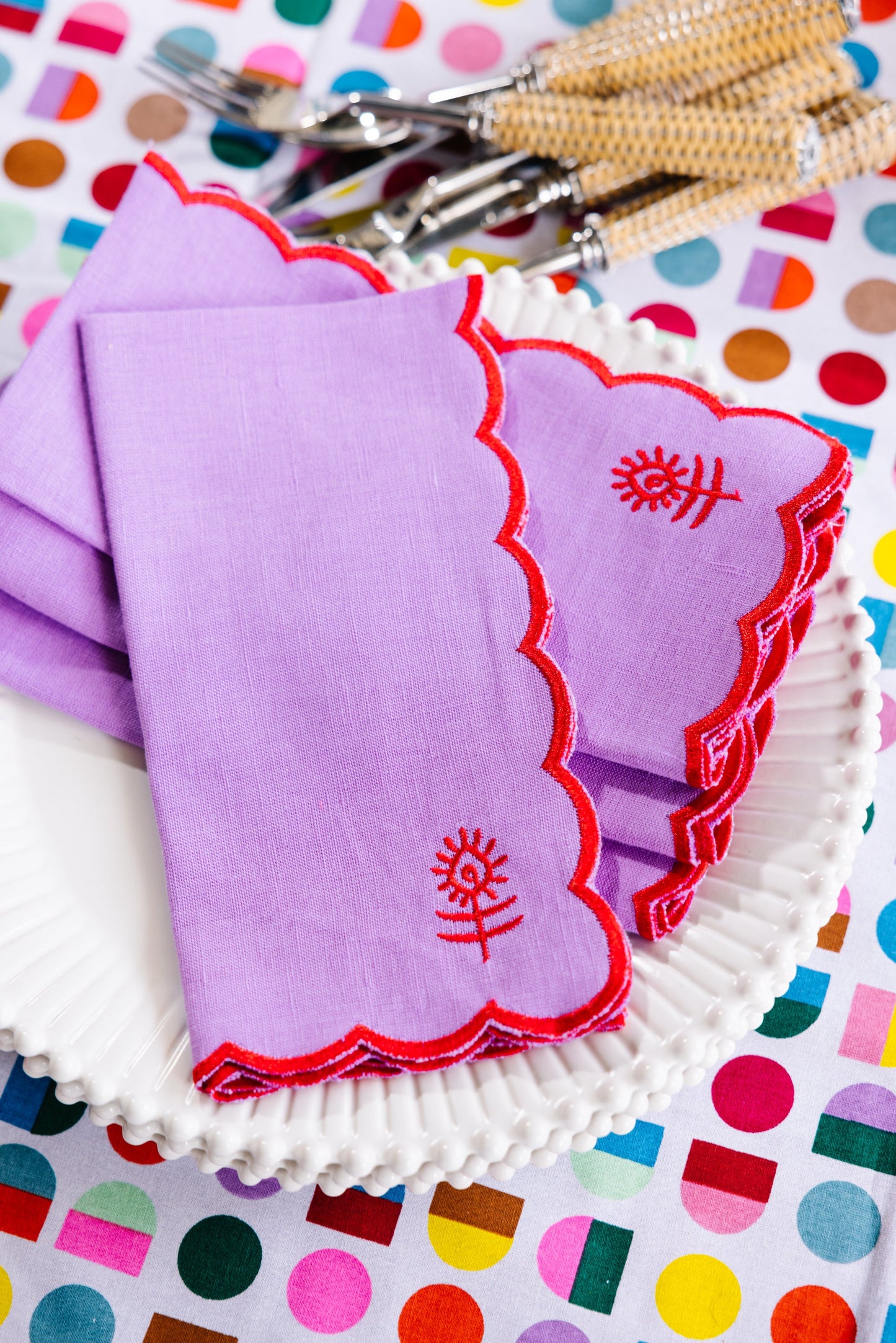 Embroidered - Icon Linen Napkins S/4 - Lilac + Cherry
