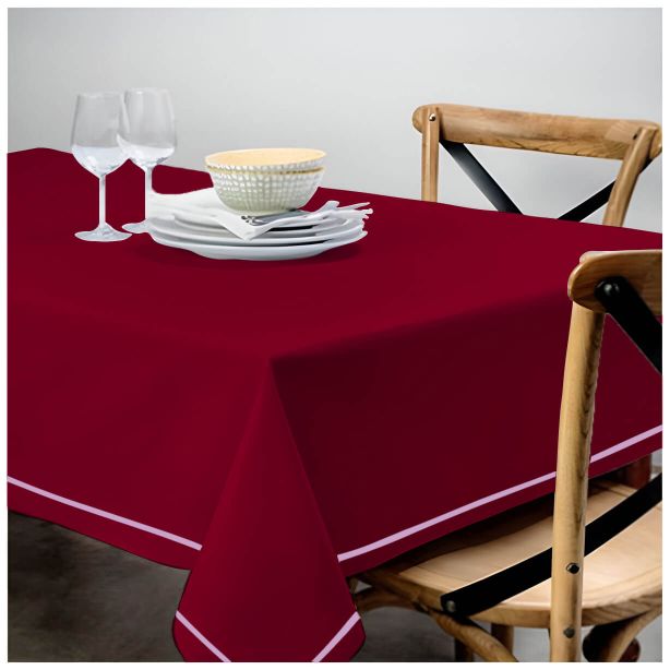 Single Embroidery Border Sateen Cotton Solid Table Cloth - Burgundy