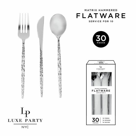 Matrix Silver Hammered Plastic Cutlery Set | 30 Pieces - themonogram manor 