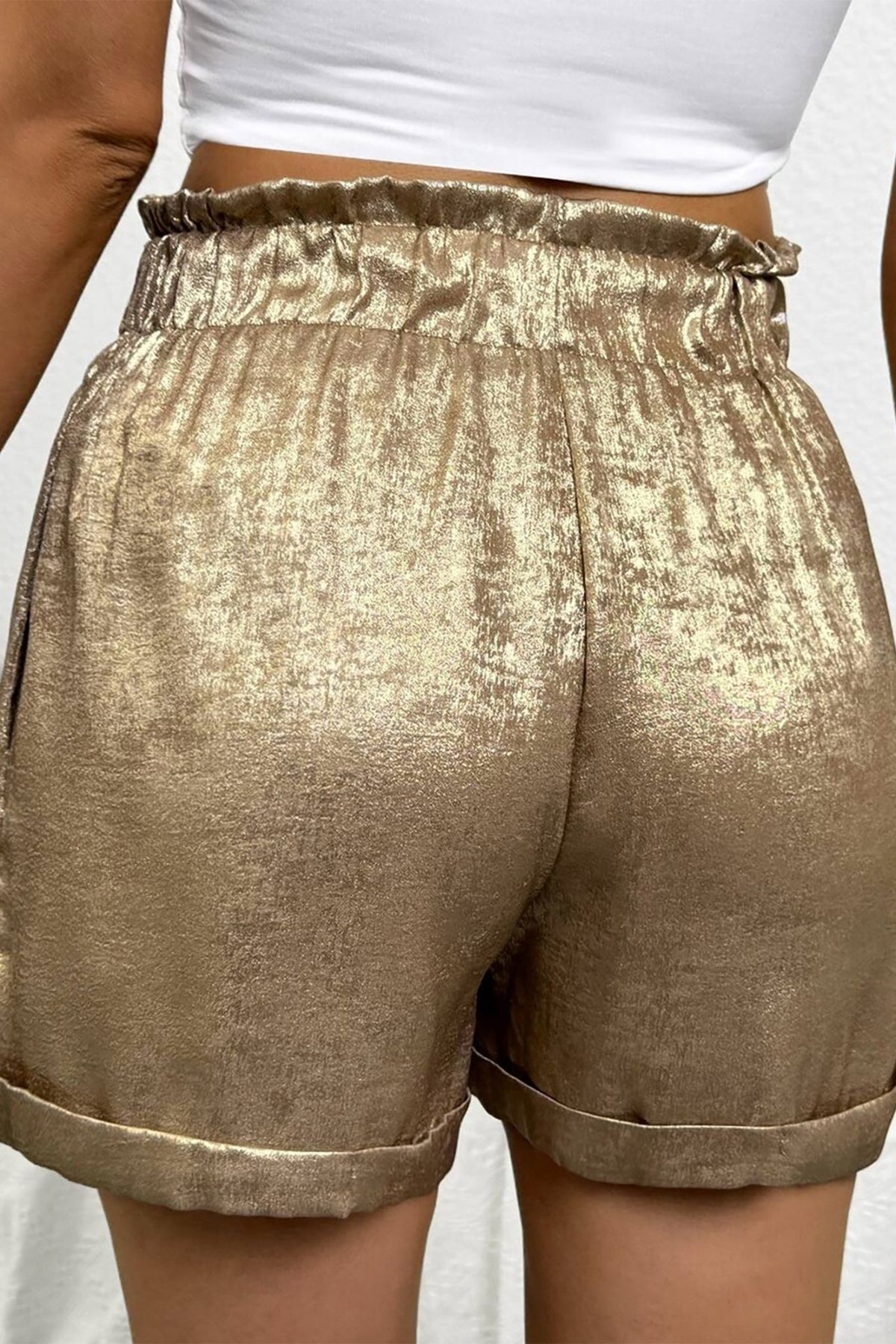 Metallic Tie Elastic Waist Cuffed Hem Shorts - themonogram manor 