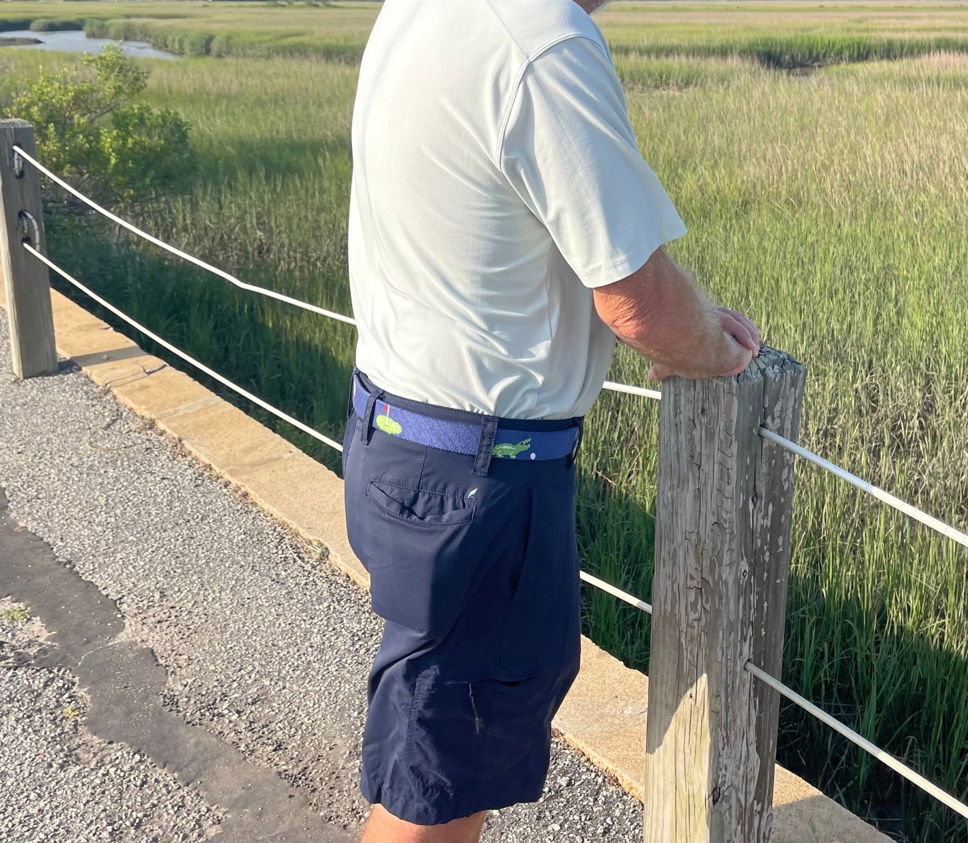 Charleston Belt Golf Green Gator Croc Leather Hand - stitched Needlepoint Belt Navy Blue - themonogram manor 