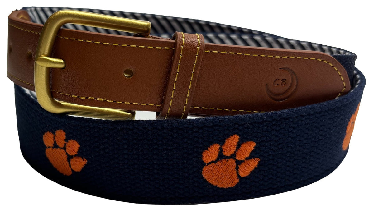 Clemson University Tigers - Officially Licensed - Orange Paw Embroidery on Navy Blue Canvas Web Belt - themonogram manor 