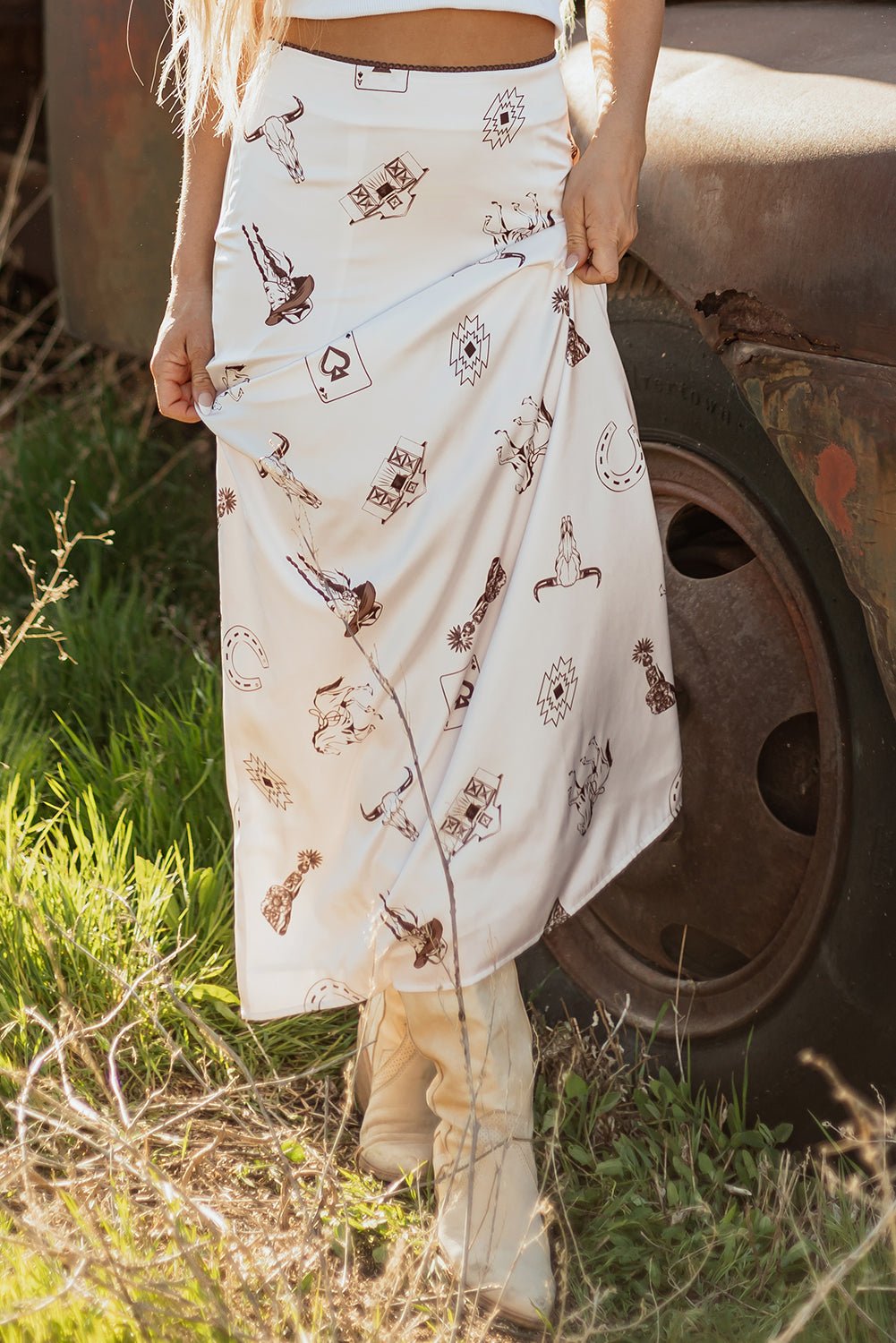 Western Lace Trim High Waist Maxi Skirt - themonogram manor 