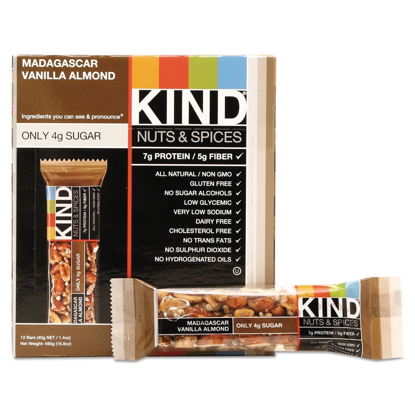 KIND Nuts and Spices Bar, Madagascar Vanilla Almond, 1.4 oz, 12/Box - themonogram manor 