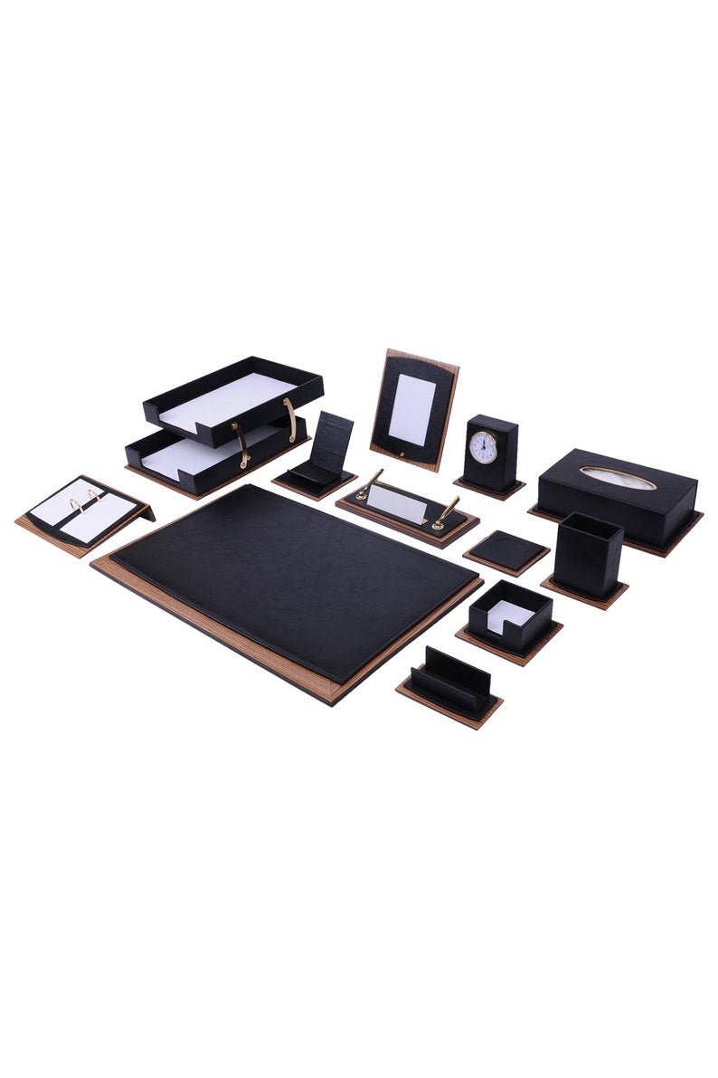 MOOG Star Lux Leather Desk Set - Walnut Wood Combination - White - 14 PCS - themonogram manor 