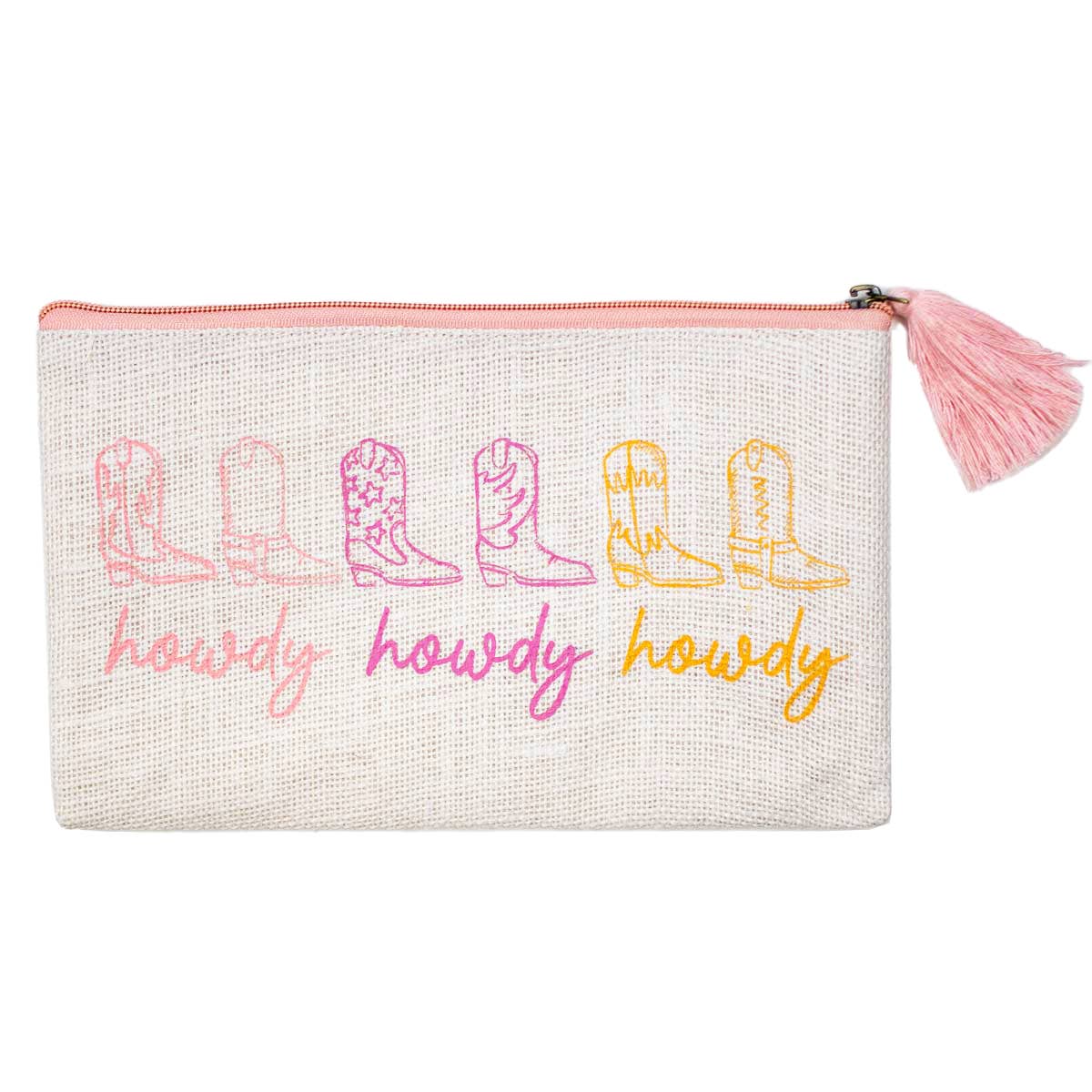 Howdy Cowgirl Jute Cosmetic Bag White/Pink/Orange 10x6 - themonogram manor 