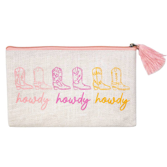 Howdy Cowgirl Jute Cosmetic Bag White/Pink/Orange 10x6 - themonogram manor 