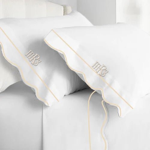 Monogram 400TC Cotton Scallop Embroidery & Border Sateen Solid Sheet Set - themonogram manor 