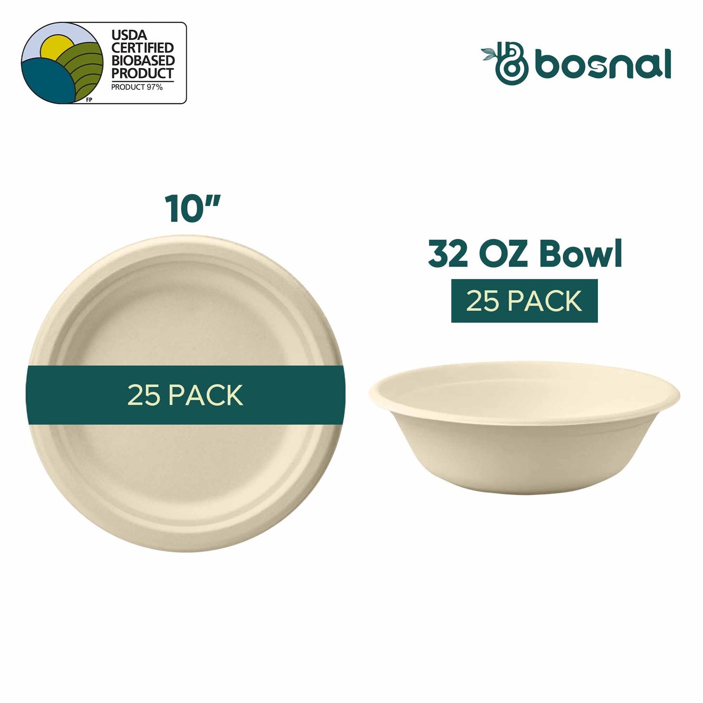 Bosnal - Sugarcane Bagasse Compostable 10 inch Round Plates with 32 Oz Bowls - themonogram manor 