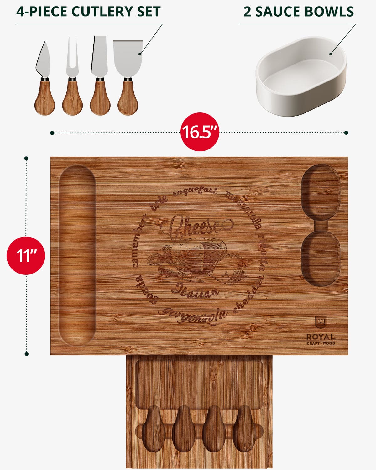 Cheese Board Set w/knives, 16.5“x11”, Brown - themonogram manor 