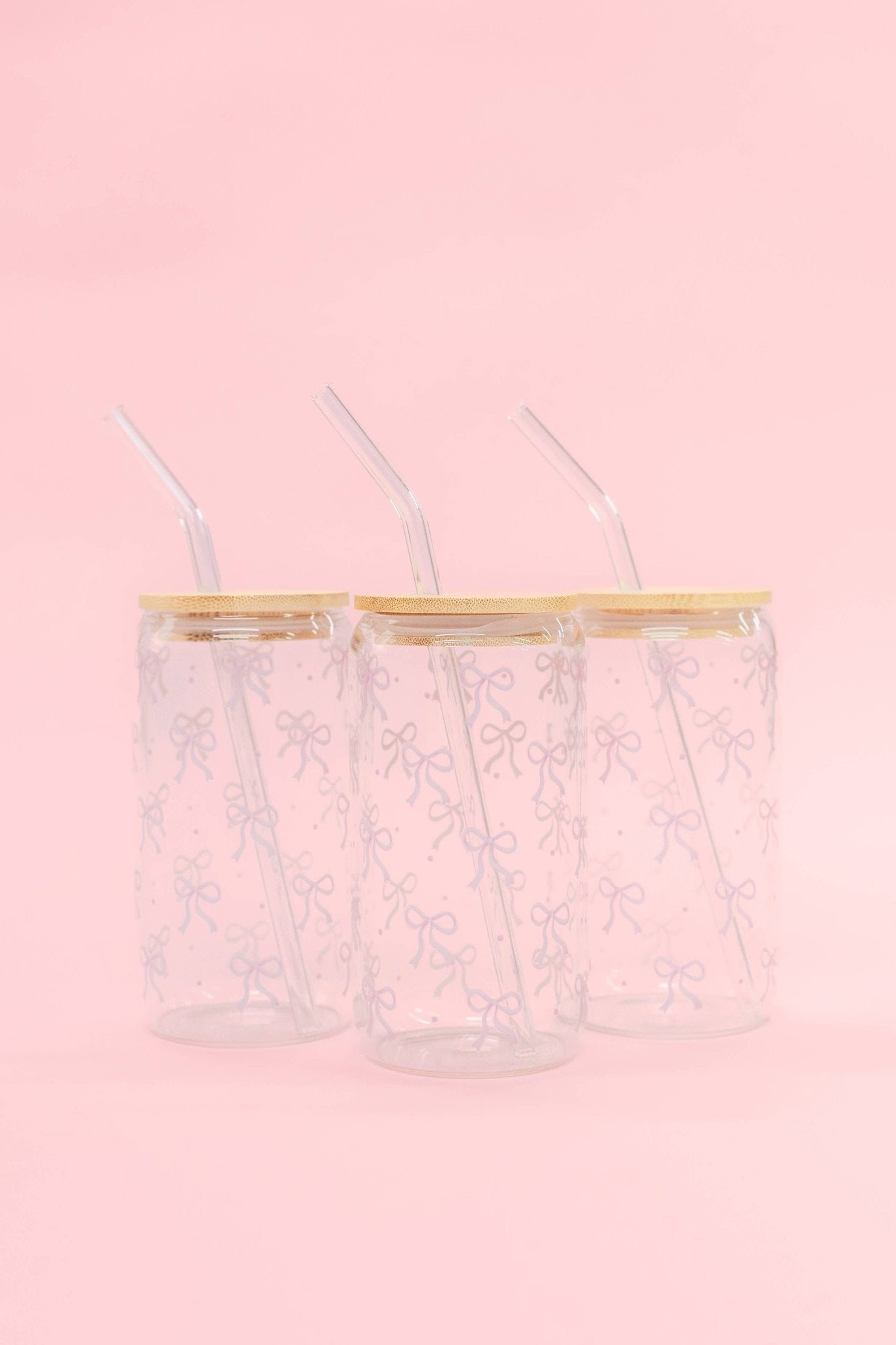 Pink Bow Latte Glass With Lid & Straw - themonogram manor 