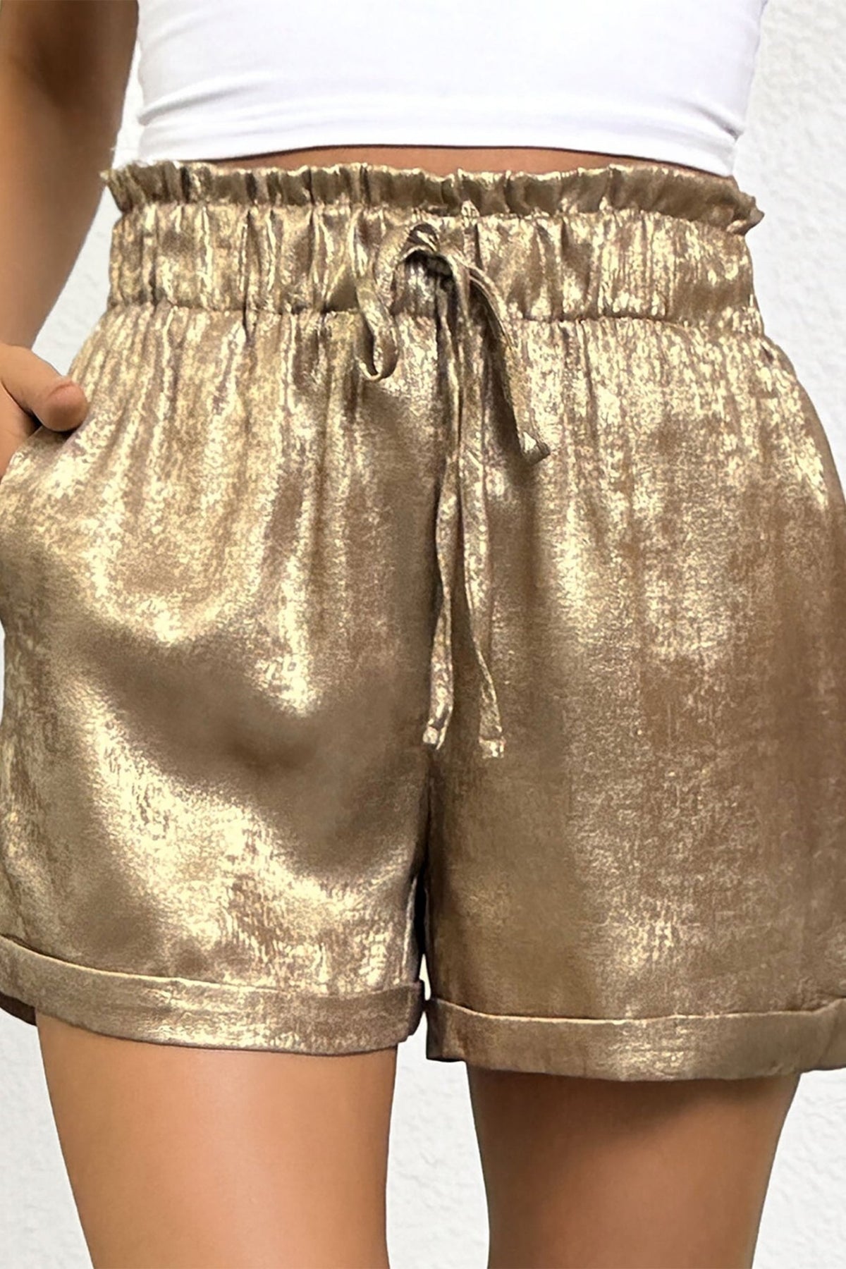 Metallic Tie Elastic Waist Cuffed Hem Shorts - themonogram manor 