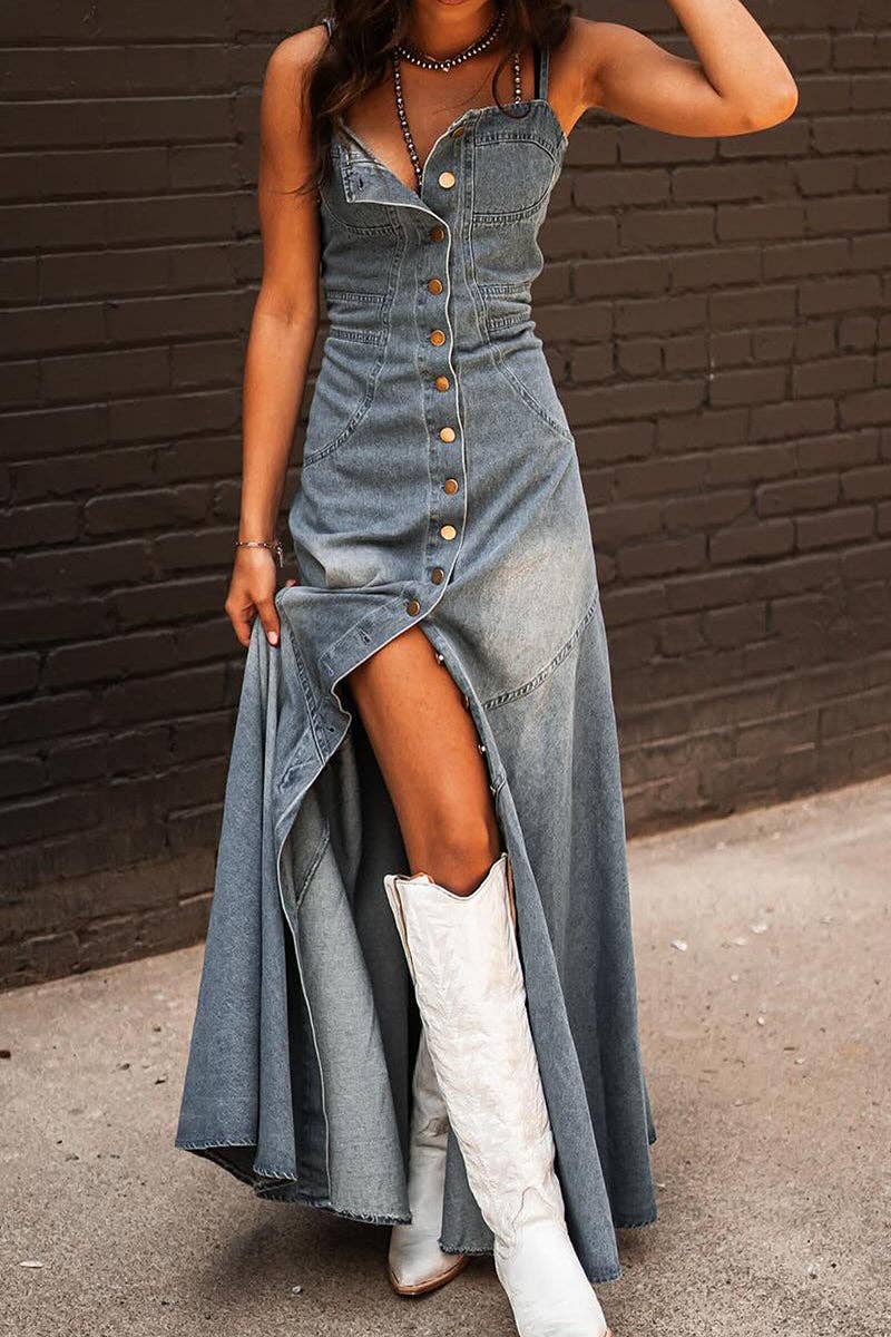 Button - Front Denim A - Line Dress - themonogram manor 