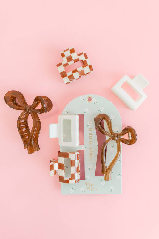 Mocha Bow and Checkered Claw Hair Clip Set - themonogram manor 