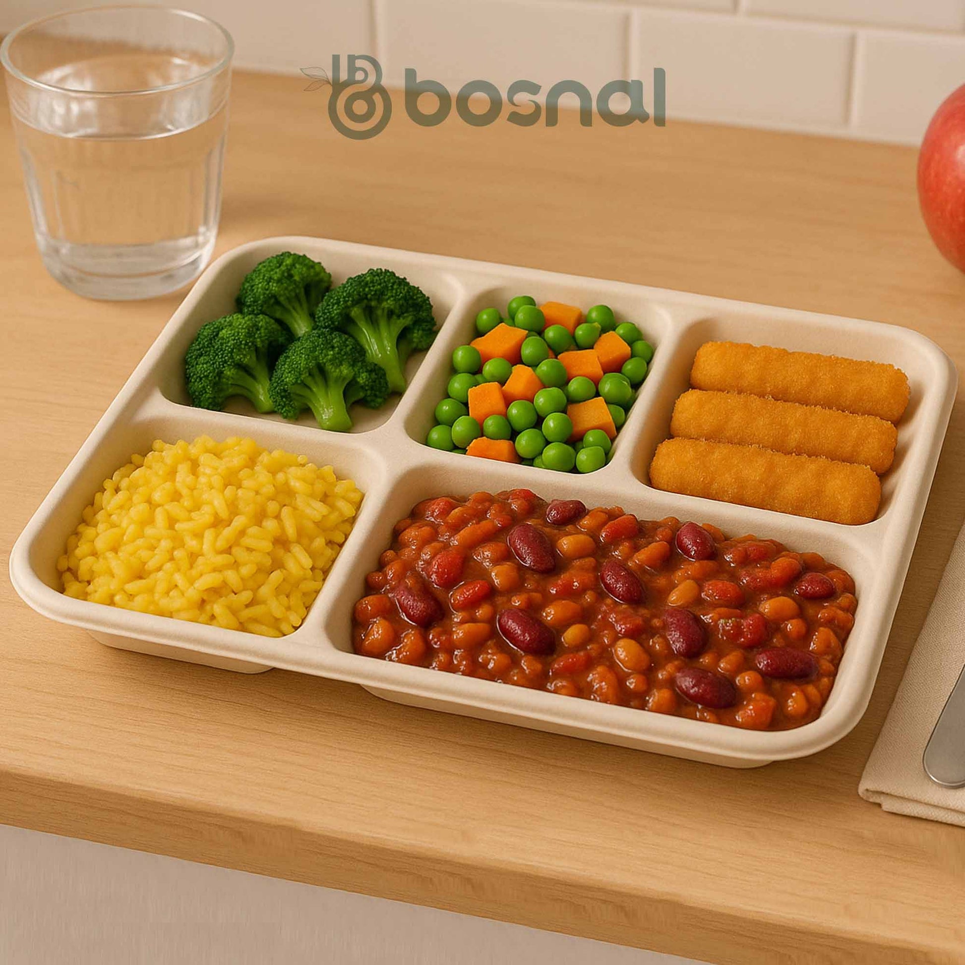 Bosnal - Sugarcane Bagasse Compostable 5 - Compartment Food Trays - Case of 16 (400 Pcs) - themonogram manor 