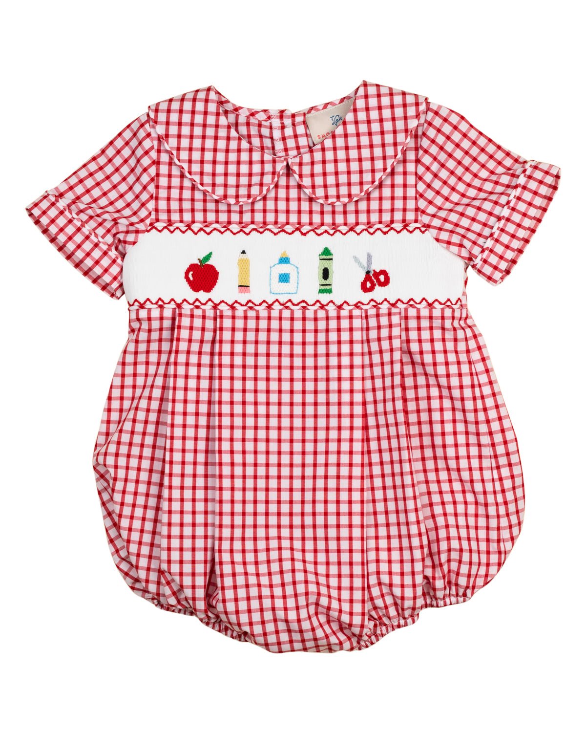 School Supplies Smocked Red Windowpane Boy Bubble - FINAL SALE - themonogram manor 