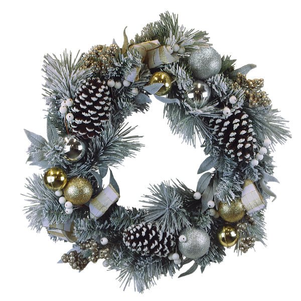 24" Silver & Gold Frosted Fir Wreath - themonogram manor 