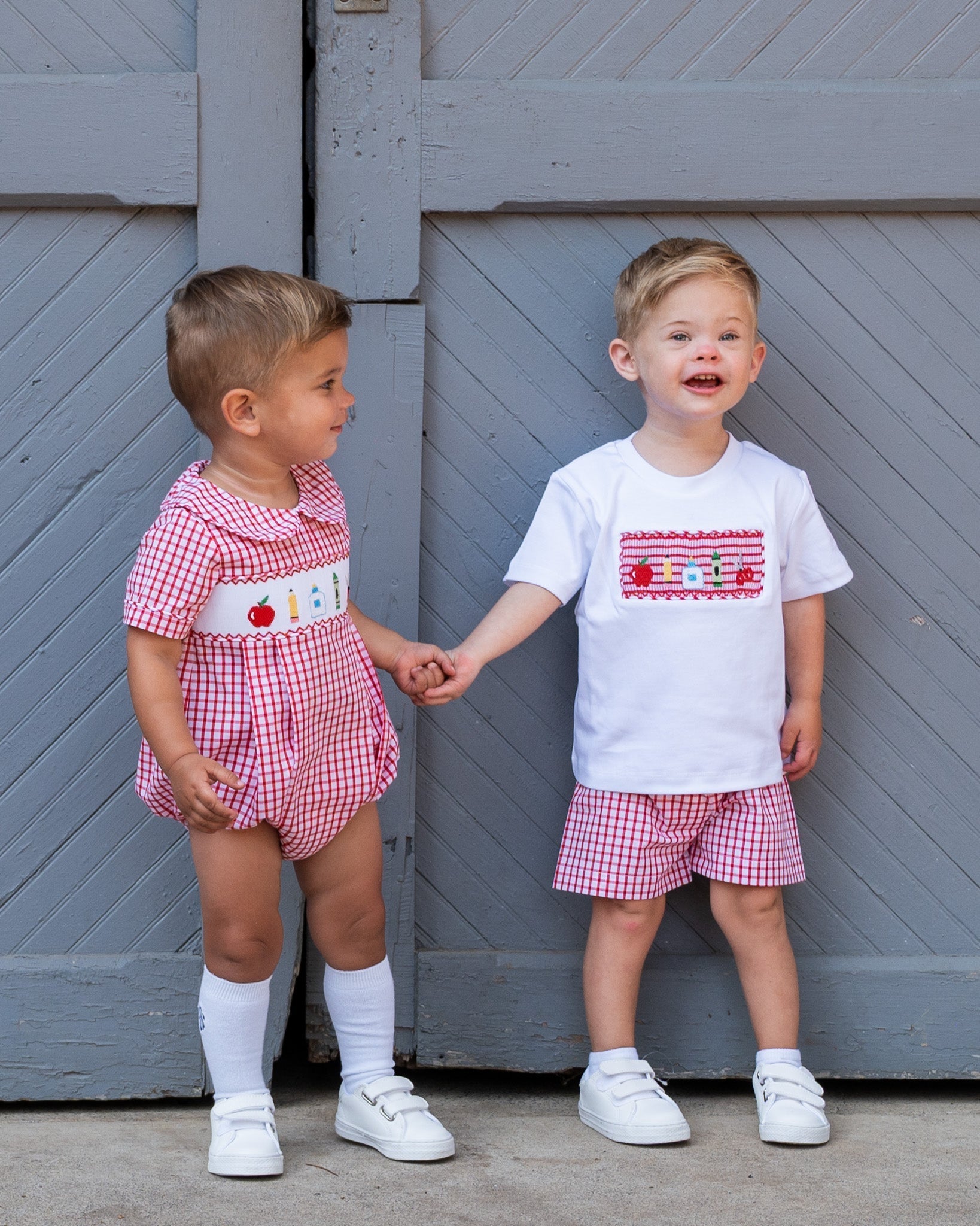 School Supplies Smocked Red Windowpane Boy Bubble - FINAL SALE - themonogram manor 
