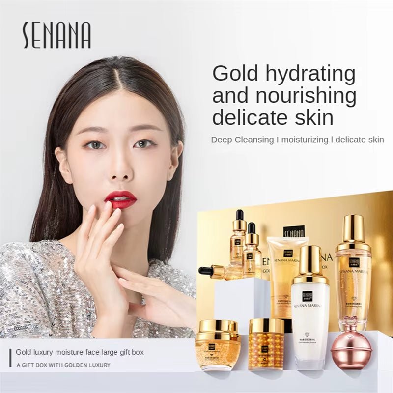 Women 24K Gold Skin Care Set 9PCS with Box Face Toner Essence Cream Nicotinamide Anti-Aging Wrinkles Serum Facial Cleanser Kit - themonogram manor 