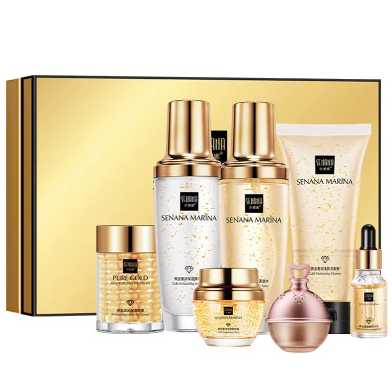 Women 24K Gold Skin Care Set 9PCS with Box Face Toner Essence Cream Nicotinamide Anti-Aging Wrinkles Serum Facial Cleanser Kit - themonogram manor 