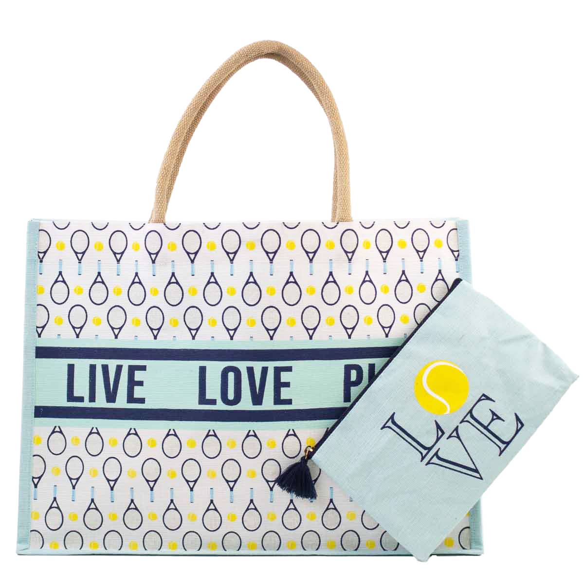 Tennis Love Juco Tote Sky/Navy/White 19x14x7.5 - themonogram manor 