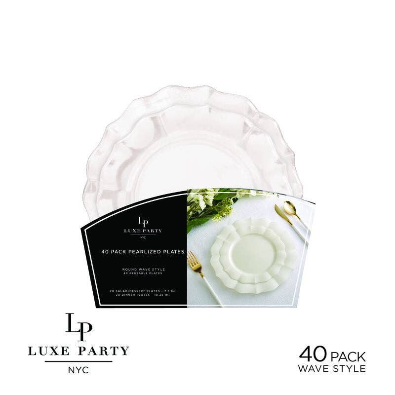 Pearl White Waved Plastic Plate Set | 40 Pack - themonogram manor 