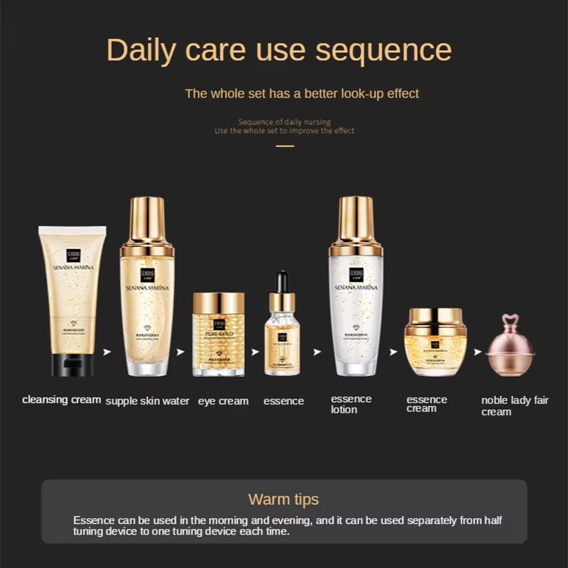 Women 24K Gold Skin Care Set 9PCS with Box Face Toner Essence Cream Nicotinamide Anti-Aging Wrinkles Serum Facial Cleanser Kit - themonogram manor 