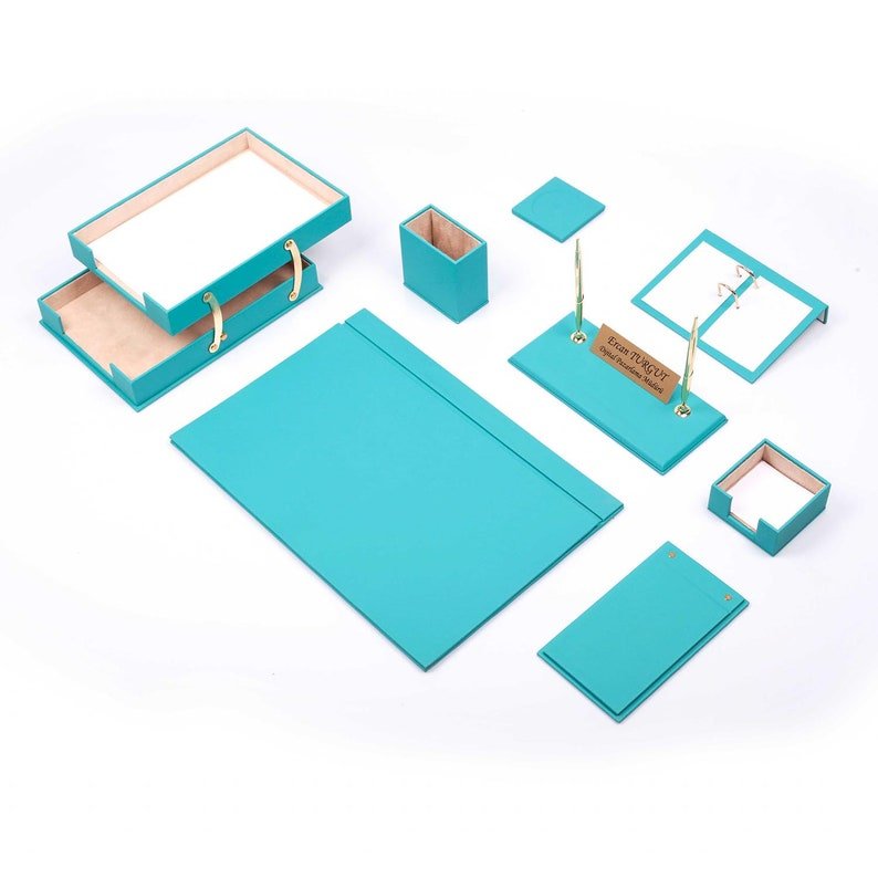 MOOG Leather Desk Set - Double Document Tray - Turquoise - 10 PCS - themonogram manor 
