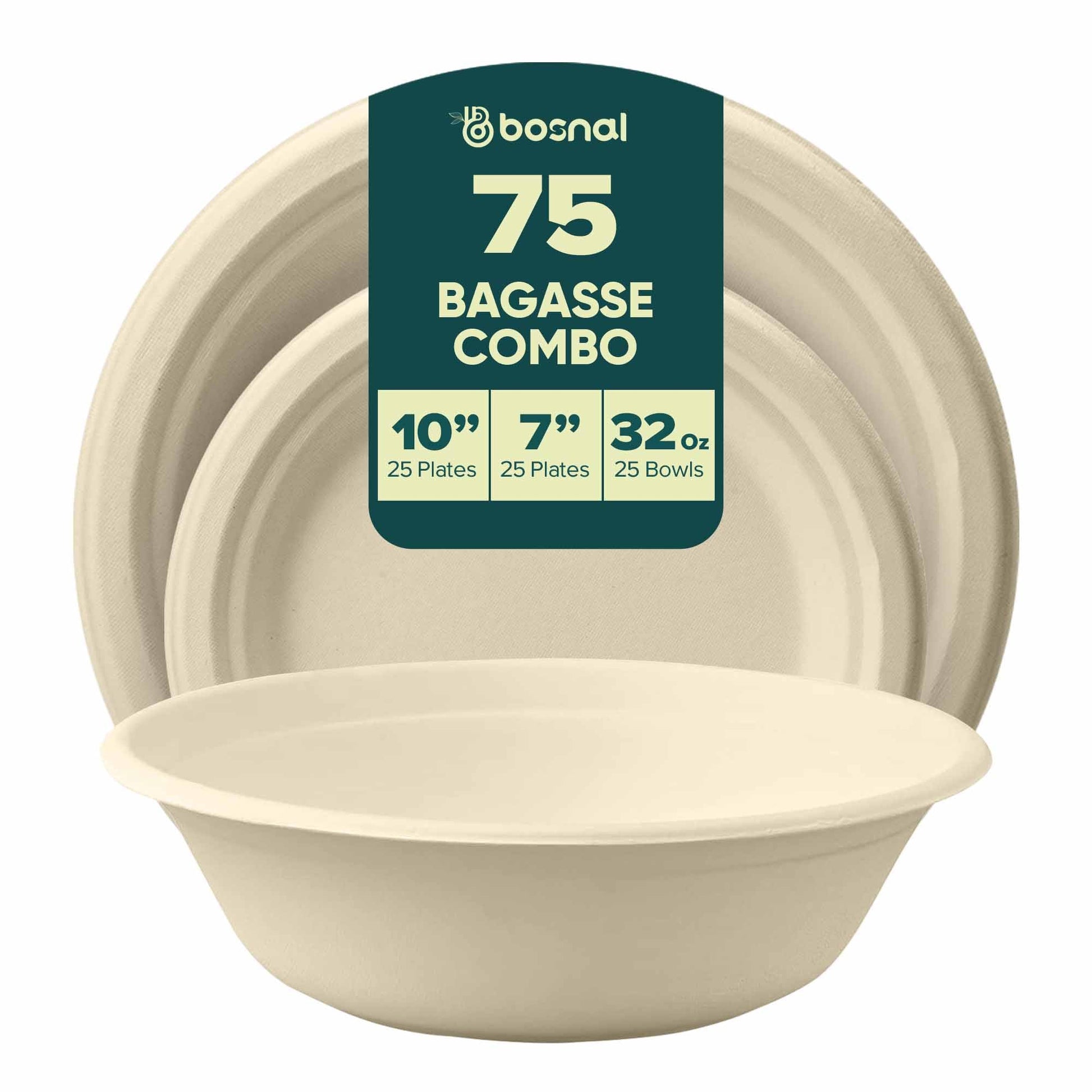 Bosnal – Sugarcane Bagasse Compostable 10 inch & 7 inch Round Plates with 32 Oz Bowls - themonogram manor 