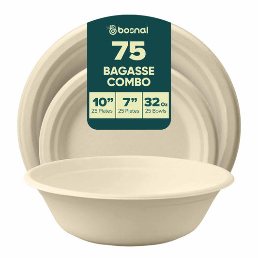 Bosnal – Sugarcane Bagasse Compostable 10 inch & 7 inch Round Plates with 32 Oz Bowls - themonogram manor 
