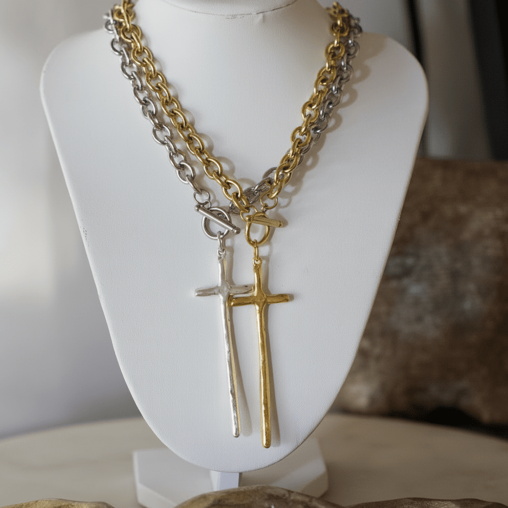 Elongated Cross Toggle Necklace - Stainless Steel & Gold - Plated Pewter | Deep South Originals - themonogram manor 