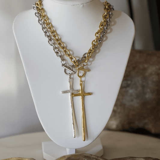 Elongated Cross Toggle Necklace - Stainless Steel & Gold - Plated Pewter | Deep South Originals - themonogram manor 