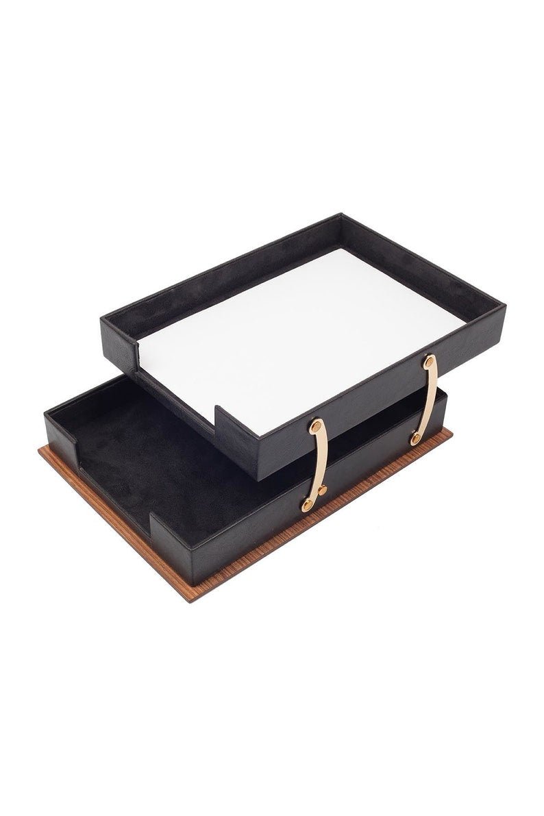 MOOG Star Leather Desk Set - Walnut Wood Combination - Double Document Tray - Green - 11 PCS - themonogram manor 