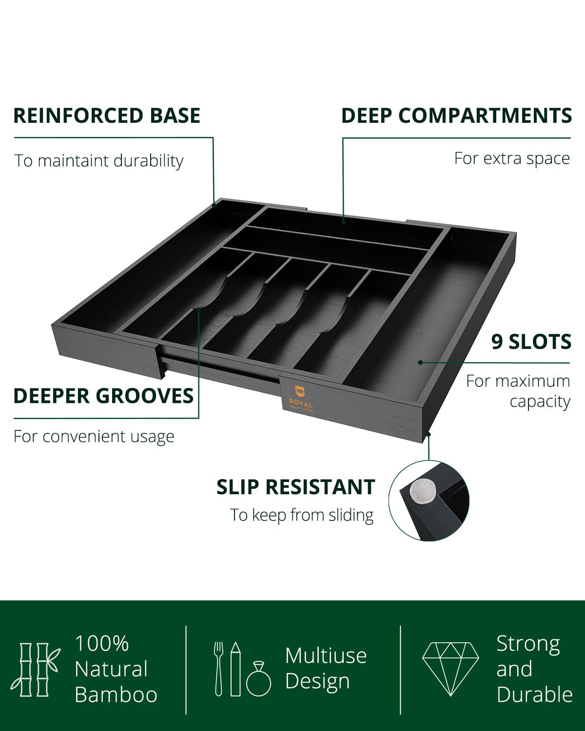 Silverware Drawer Organizer, Black (9 Slots) - themonogram manor 