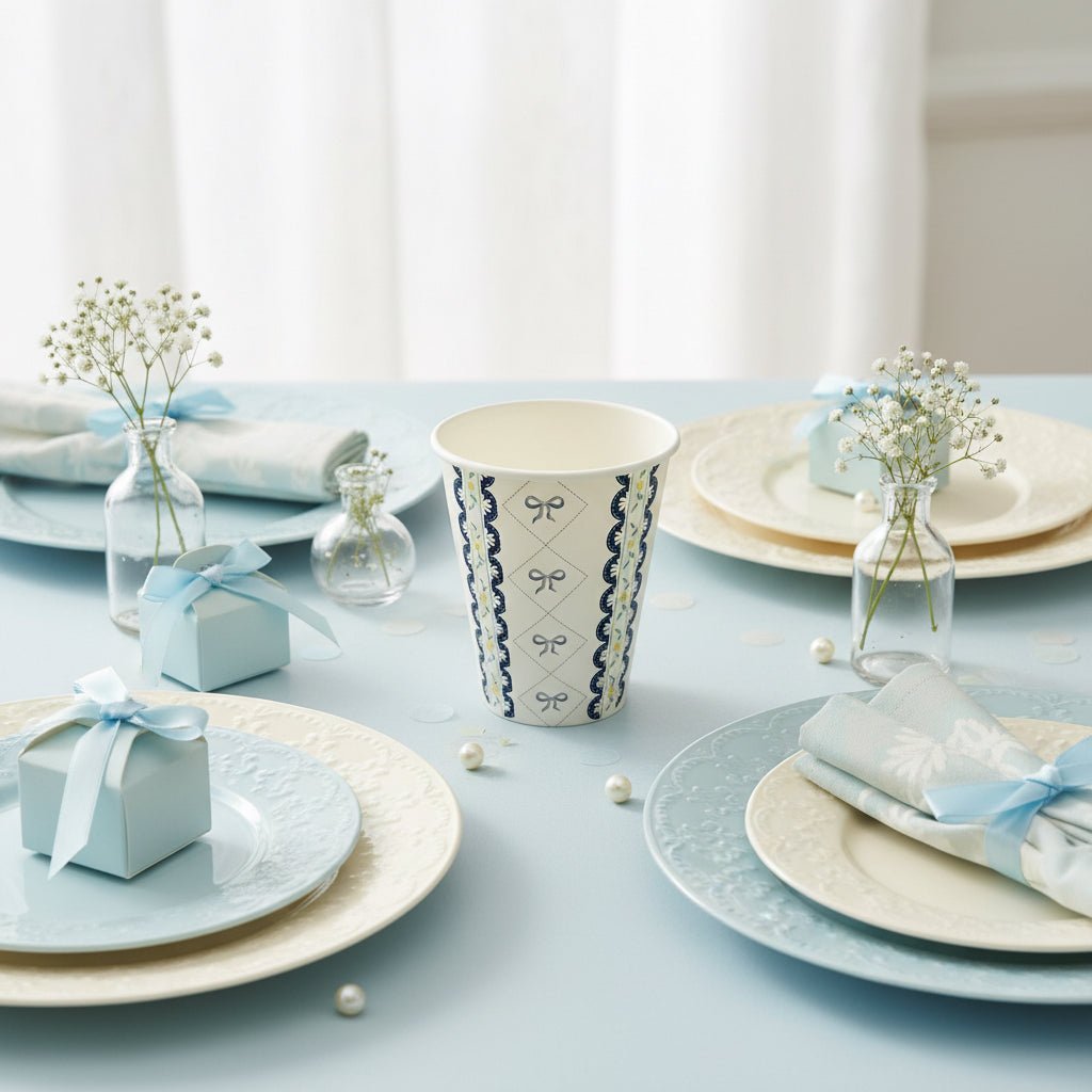 Blue Bow Coquette Paper Cups 9oz (8 pack) - themonogram manor 