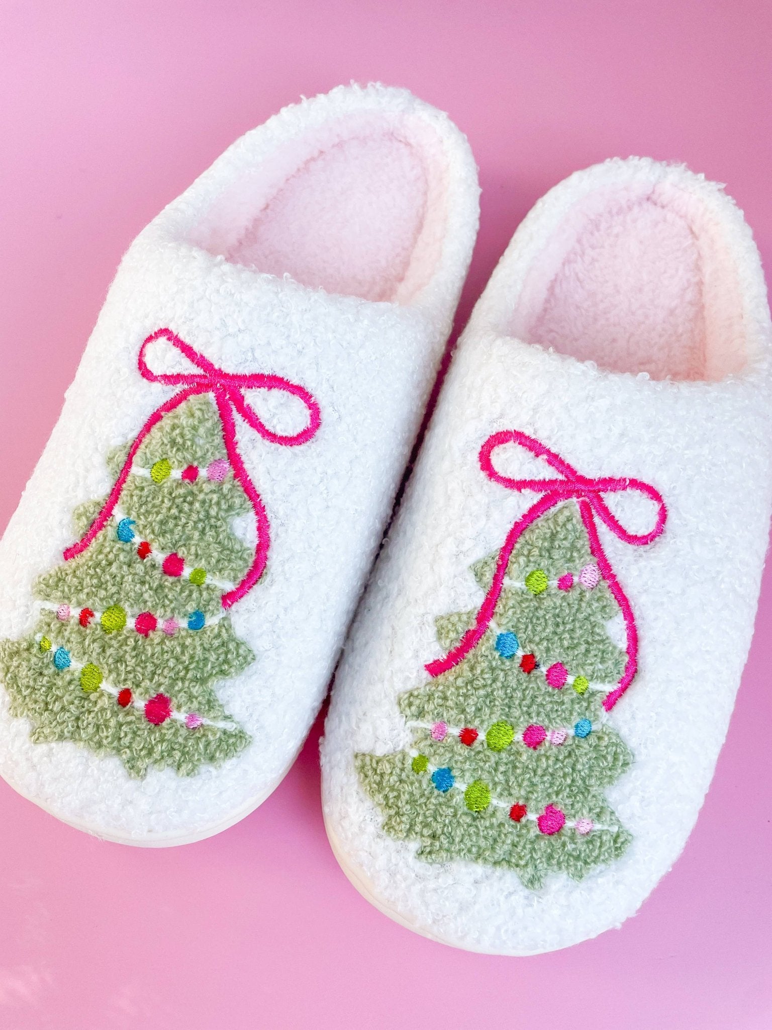 Pink Bow Christmas Tree Slippers - Adult - 4 sizes - themonogram manor 