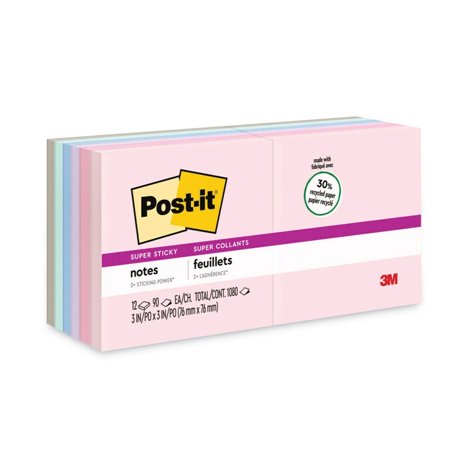 Post - it Recycled Notes in Wanderlust Pastels Collection Colors, 3" x 3", 90 Sheets/Pad, 12 Pads/Pack - themonogram manor 