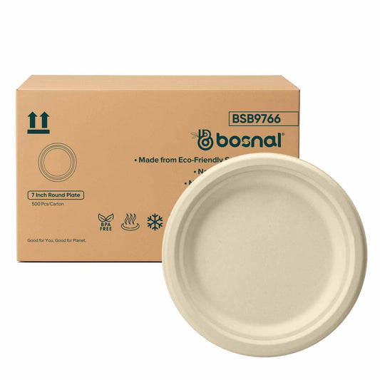 Bosnal - Sugarcane Bagasse Compostable 7 inch Round Plates - Case of 20 (500 Pcs) - themonogram manor 