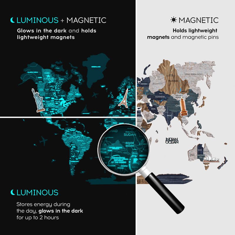 3D Luminous/Magnetic Colored Wooden World Map Mystery - themonogram manor 