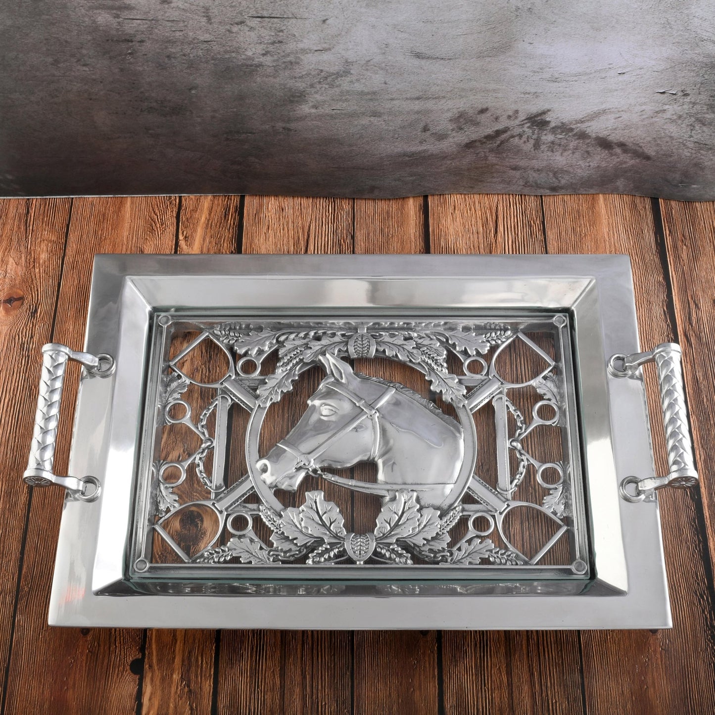 Equestrian Horse Glass Top Serving Tray - themonogram manor 