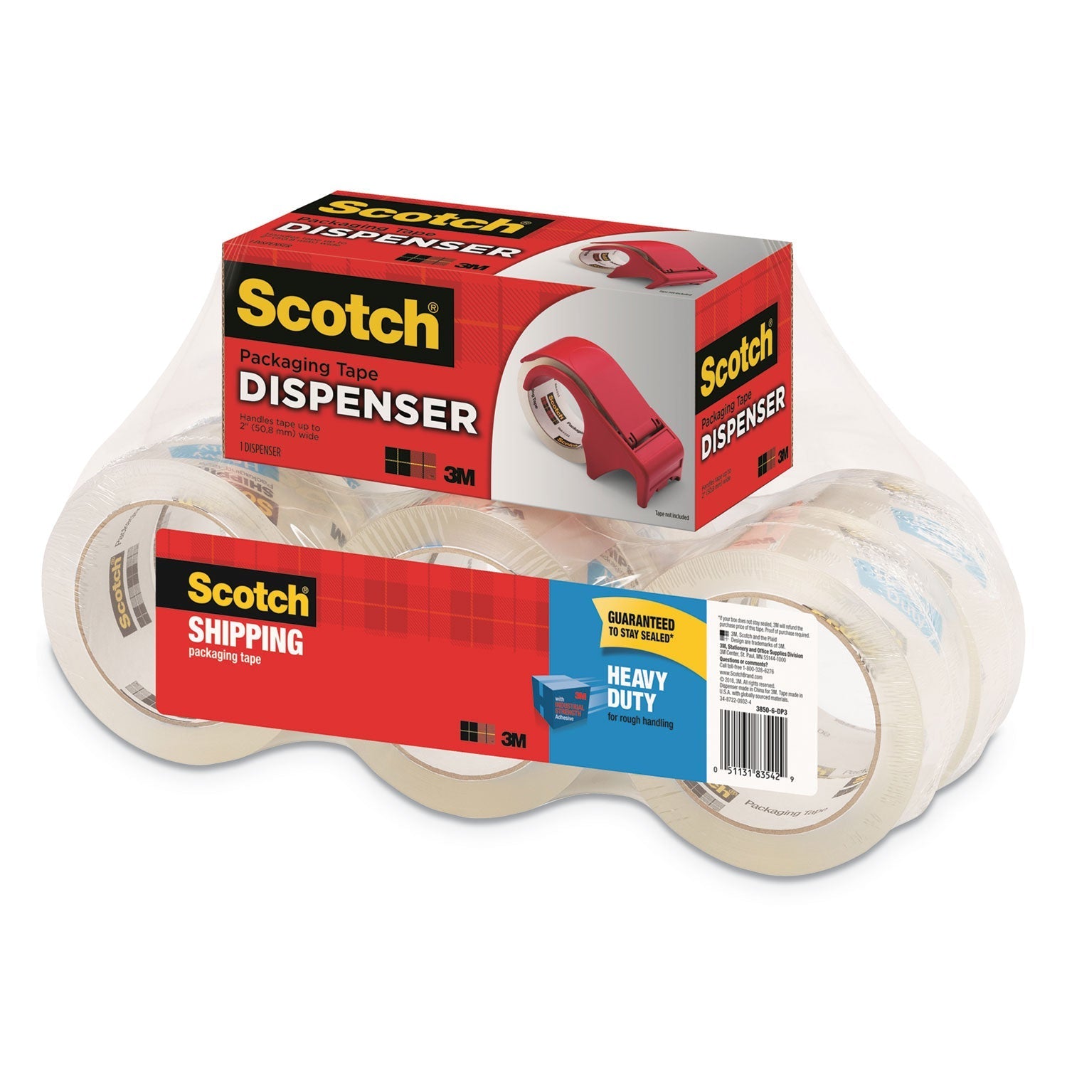Scotch 3850 Heavy - Duty Packaging Tape with DP300 Dispenser, 3" Core, 1.88" x 54.6 yds, Clear, 6/Pack - themonogram manor 