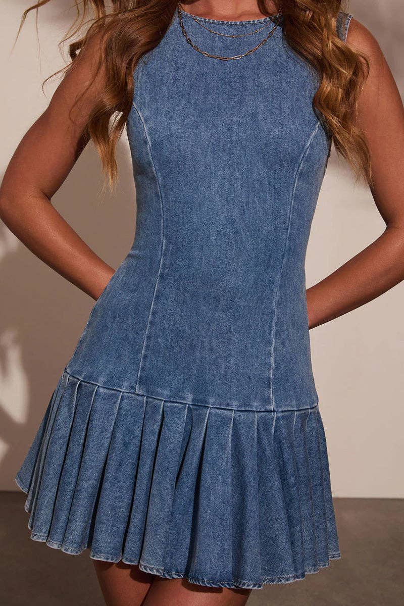 Sleeveless Denim Pleated Dress - themonogram manor 