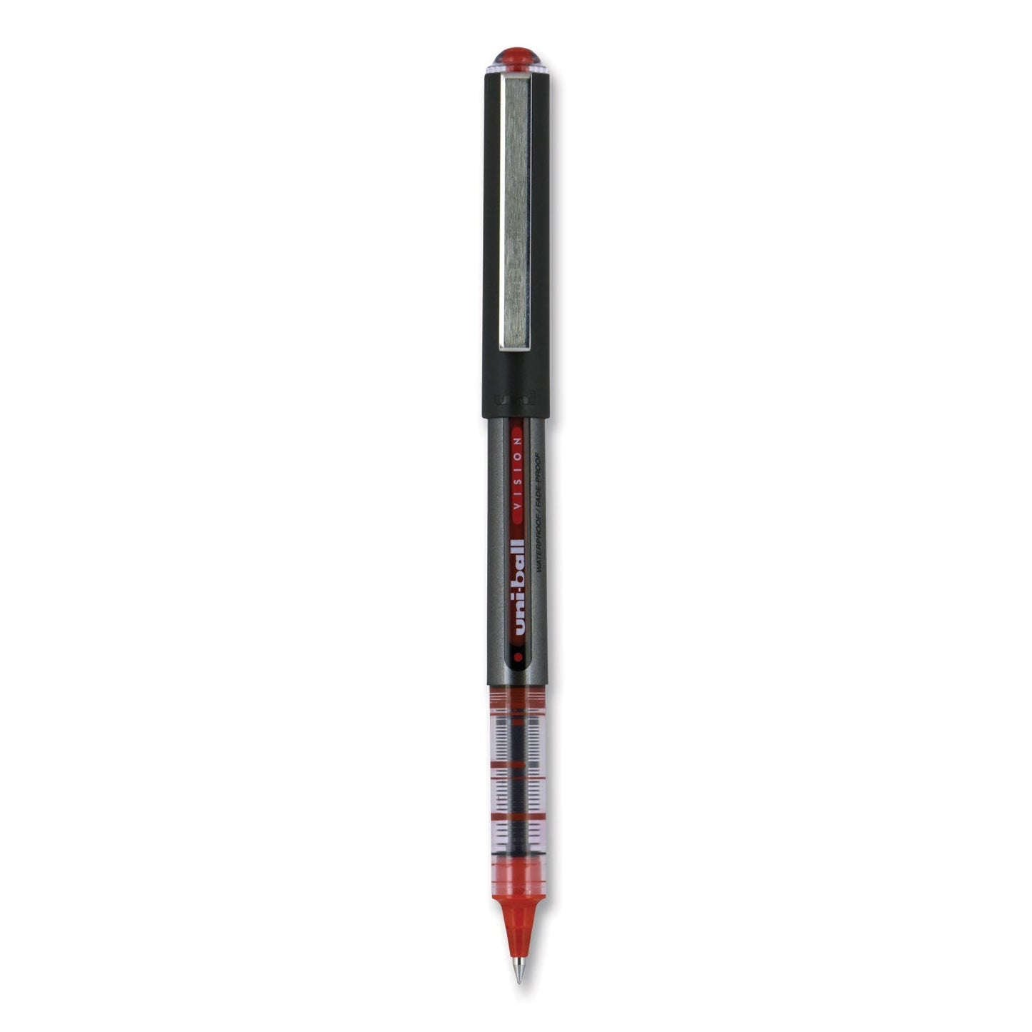 uniball VISION Roller Ball Pen, Stick, Micro 0.5 mm, Red Ink, Gray/Red Barrel, Dozen - themonogram manor 