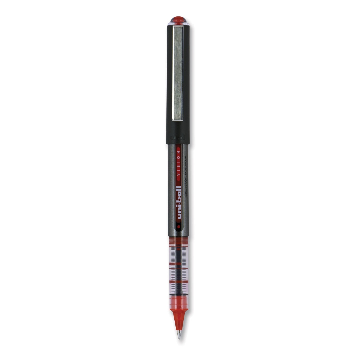 uniball VISION Roller Ball Pen, Stick, Micro 0.5 mm, Red Ink, Gray/Red Barrel, Dozen - themonogram manor 